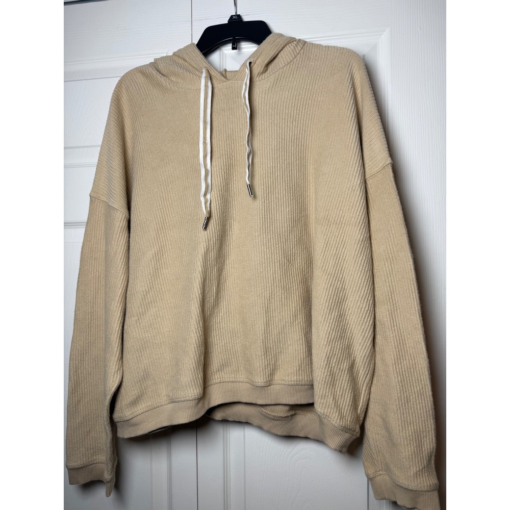 Aerie‎ Tan Ribbed Knit Hoodie Womens XL Beige Long Sleeve Pullover Sweatshirt